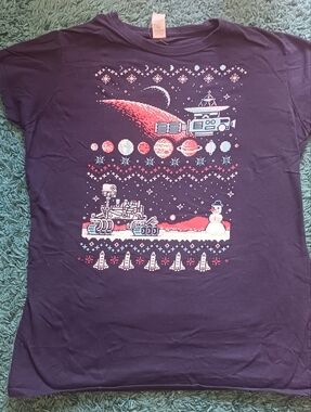 Ugly Holiday Sweater Fitted Cotton T-Shirt | 8-Bit Space Vehicles | Size XL